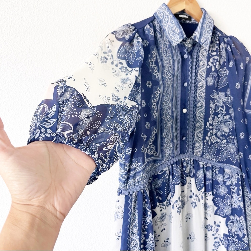 Naracamicie Blue Floral Long Sleeve Boho Ruffle Flowy Mini Dress - Picture 4 of 10